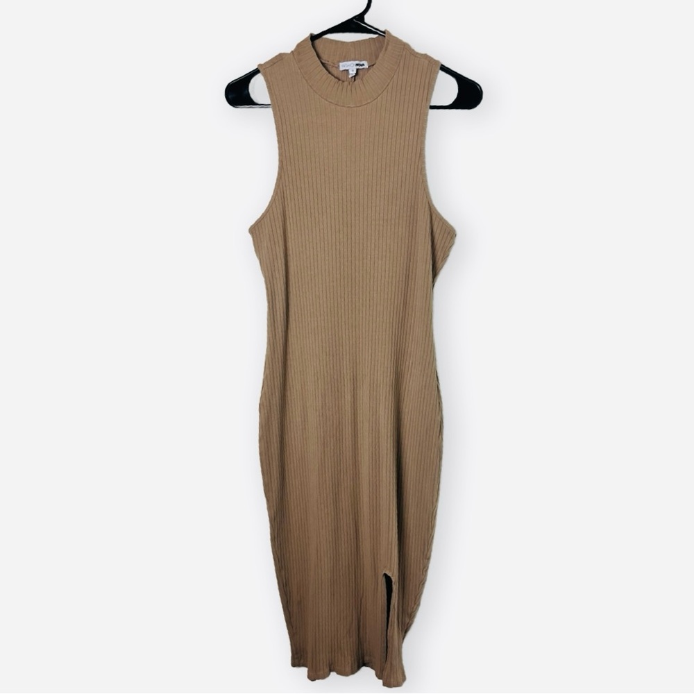 Fashion Nova Women’s Turtleneck Sleeveless Front Split Tan Ribbed Dress